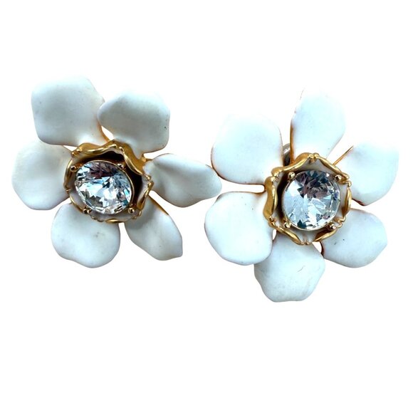 J.Crew Enamel Pansy Post Earrings White & Gold Flower Crystal Center - Picture 1 of 9